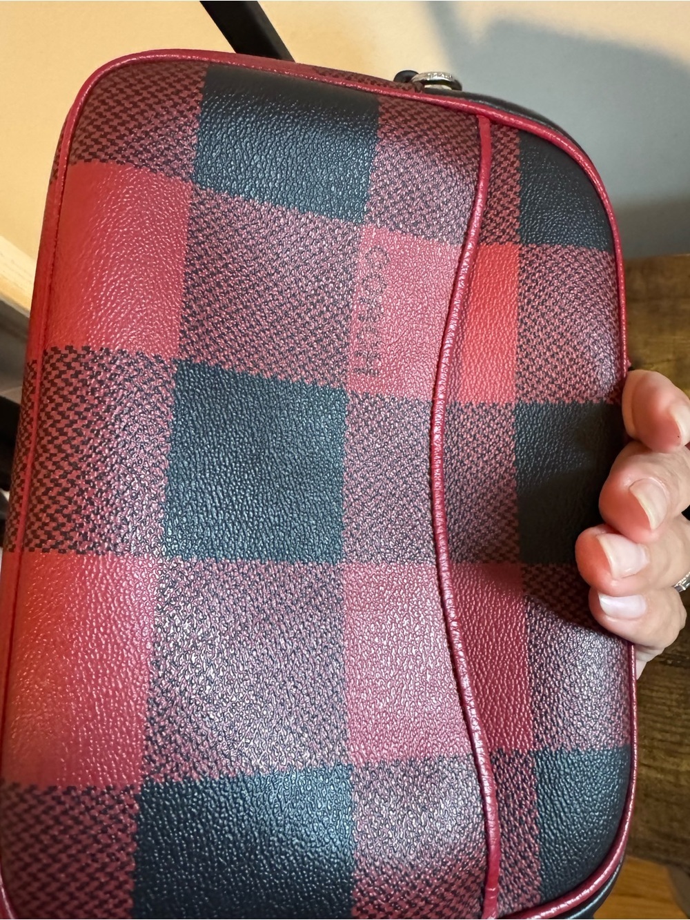 Coach Red & Black Buffalo Plaid Camera Bag with White Logo Patch - Picture 3 of 7